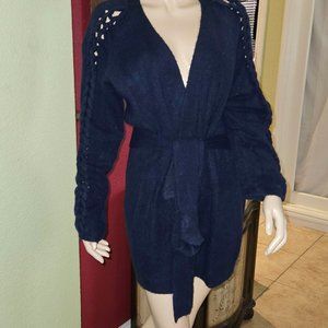 Women's Simply Vera Wang Chunky Knit detail Cardigan Sweater Belt Blue Purple XL